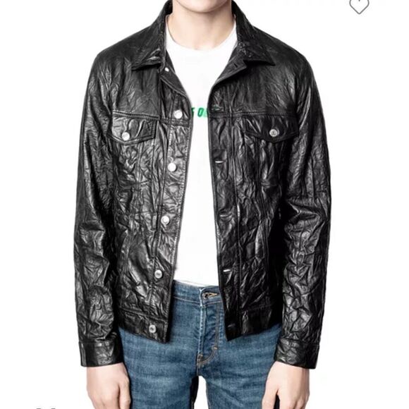 $768 Zadig & Voltaire Crinkle Leather Jacket NWT XXL  missing one button - Picture 1 of 11